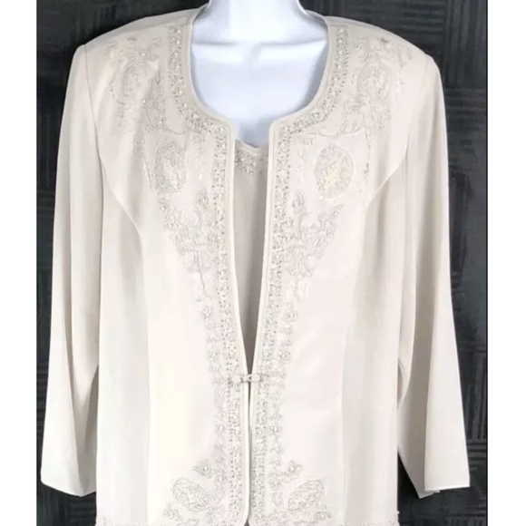 R & M Richards Dress & jacket 10 Beige Beaded VNeck Long Lined Mother Of Bride - Picture 1 of 14